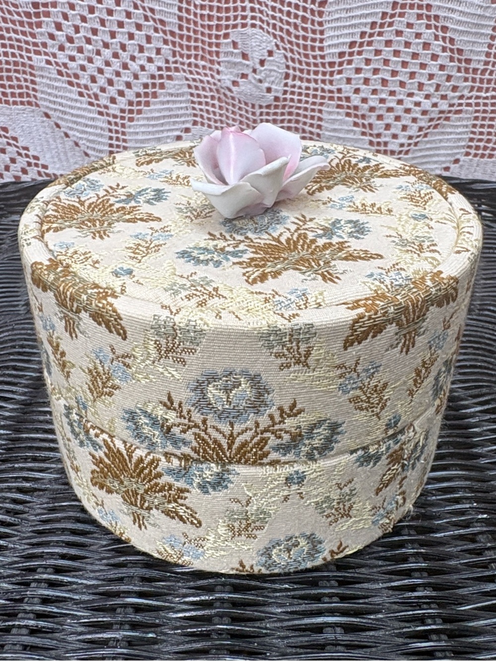 Vintage Italian Floral Fabric-Covered Trinket Box With Rose Lid